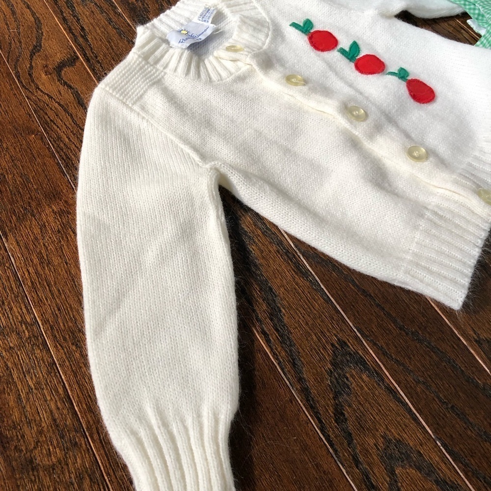 Vintage Florence Eiseman Girls 2T Cherries Sweater w/Green/White Gingham Jumper - Picture 2 of 16
